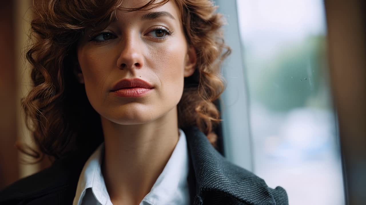 Giovane donna pensierosa che guarda fuori da una finestra.