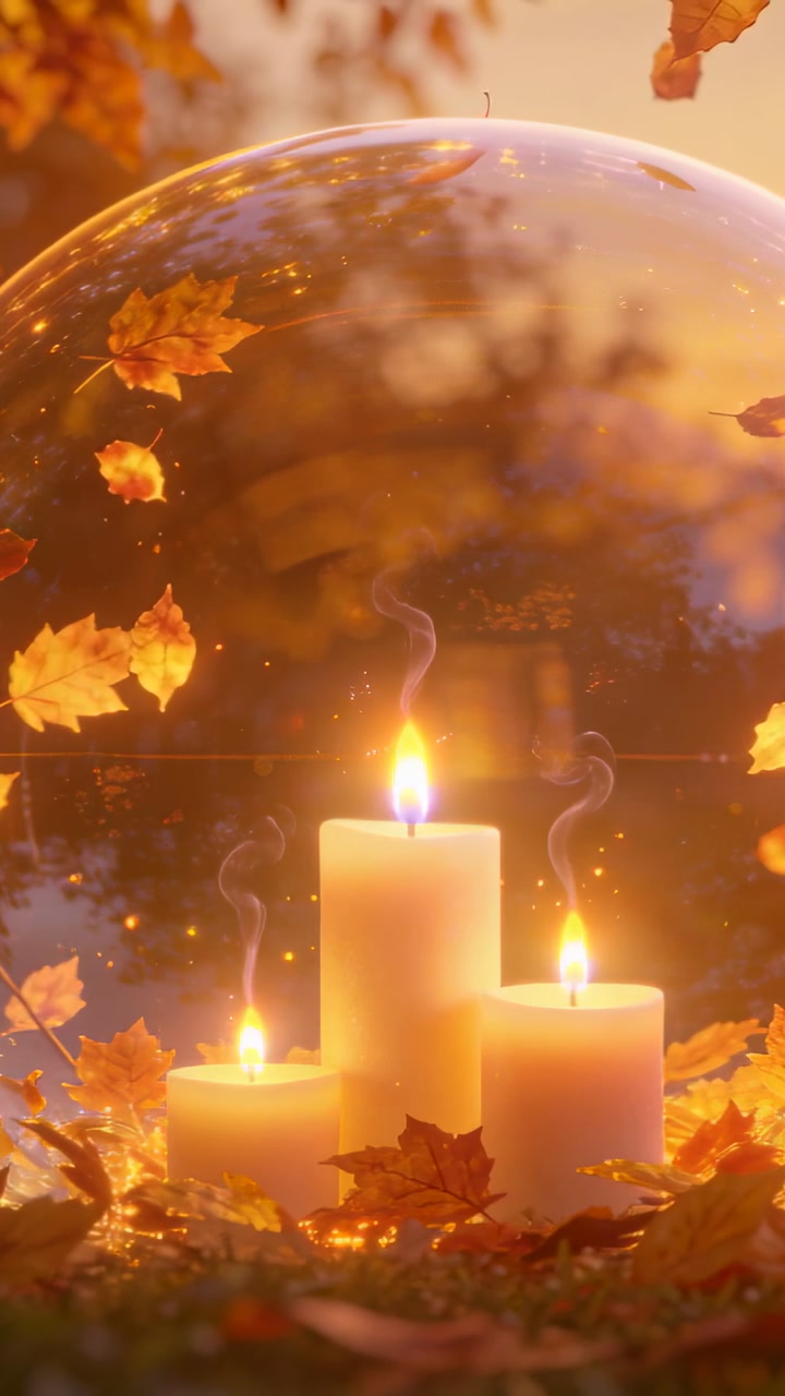 Vertical video: Burning three candles under dome at sunset, breeze lifting leaves, smoke drifting