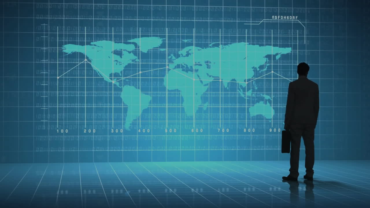 세계 지도와 사업가에 대한 금융 데이터 처리의 애니메이션
