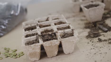 Close-up-of-seeds,-biodegradable-seed-trays,-soil-and-trowel-on-table-top,-slow-motion