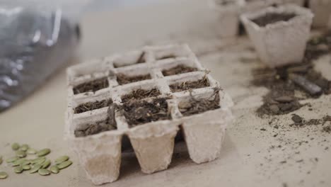 close up of seeds, biodegradable seed trays, soil and trowel on table top, slow motion