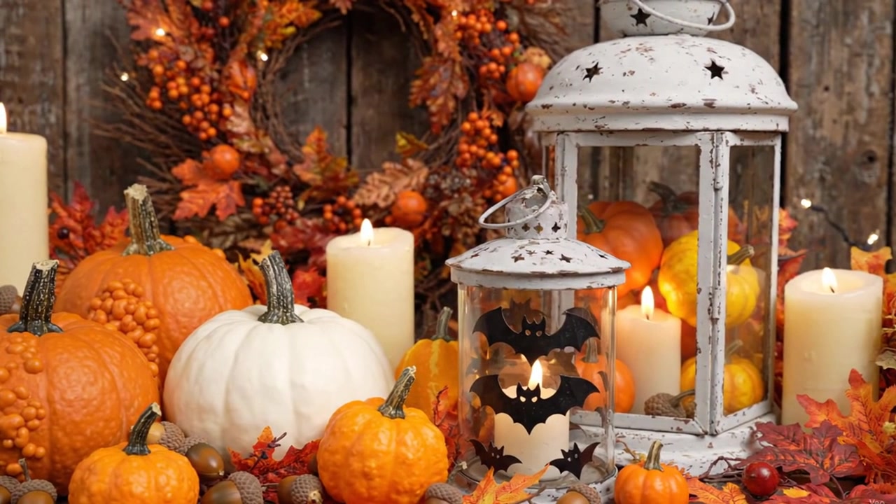 Festive halloween pumpkin still life with burning candles