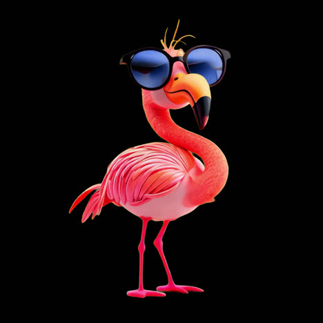 stylish flamingo wearing sunglasses animation isolated asset, transparent 4k video, alpha channel