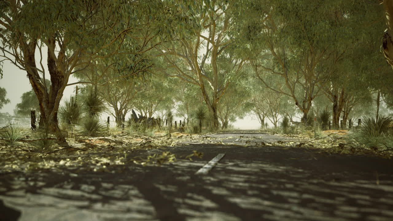 Winding road shrouded in mist beneath a canopy of lush greenery
