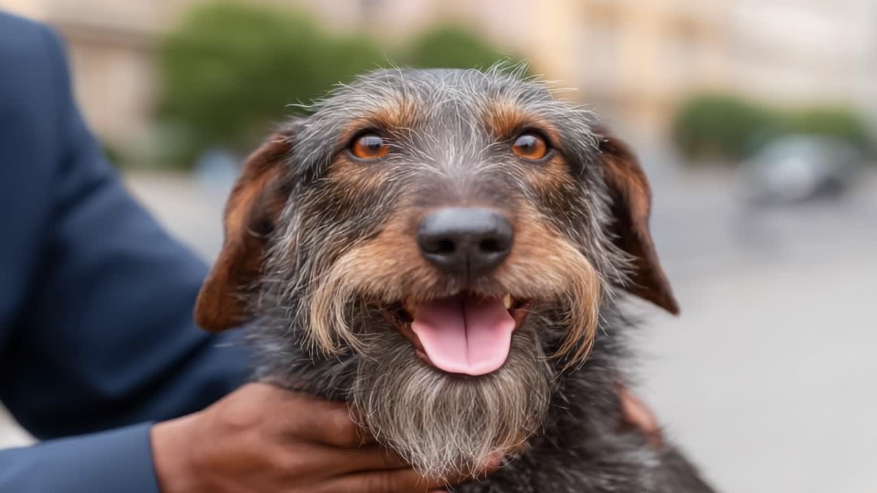 A Joyful Dog's Expression Captured in a Close-Up Frame, Showcasing Its Playful Nature and Affectionate Bond with Its Owner in an Outdoor Setting