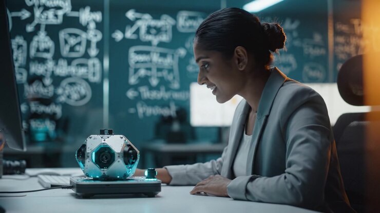 A focused professional woman interacts with a futuristic device in a modern workspace, showcasing technology, innovation, and concentration in a reflective atmosphere.