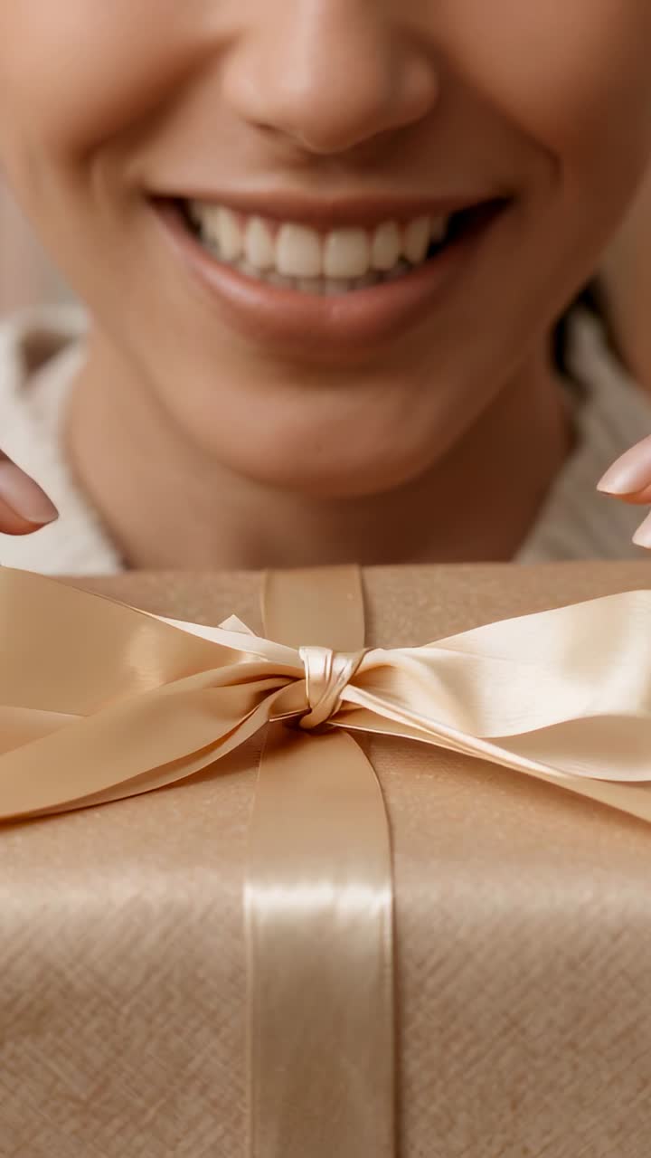 Video verticale: donna sorridente che muove le mani verso un fiocco di raso in una stanza accogliente, mentre presenta una confezione regalo dorata
