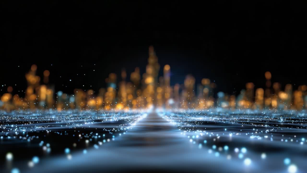 Una splendida luce di particelle luminose su un paesaggio urbano ipotetico di notte, che crea un'atmosfera futuristica e sognante con immagini scintillanti