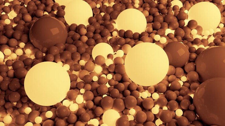 4k 3D seamless loop animation of beautiful small and large spheres or balls cover plane as abstract simple geometric background. Some spheres glow. In one color tone like sepia