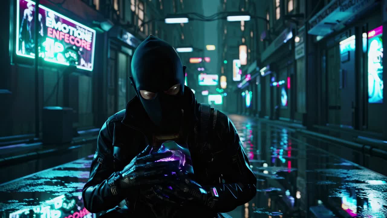 Cyberpunk Character with Glowing Energy Core in a Rainy City