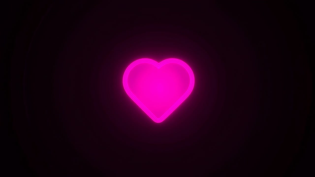 Una grafica di un cuore magenta brillante cambia dimensione su uno sfondo nero mentre un sottile bagliore circolare appare intorno ad esso, con una composizione centrata, illuminazione soffusa e contorni di luce animati.