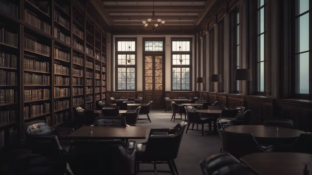Pushing camera revealing empty library with shelves, tall windows, central door, highlighting aisle