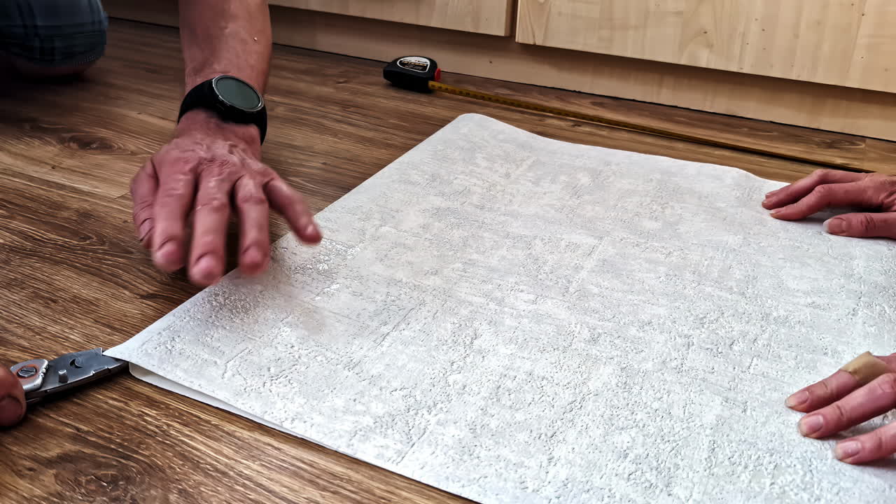 Hands cut white wallpaper across wooden floor during home renovation