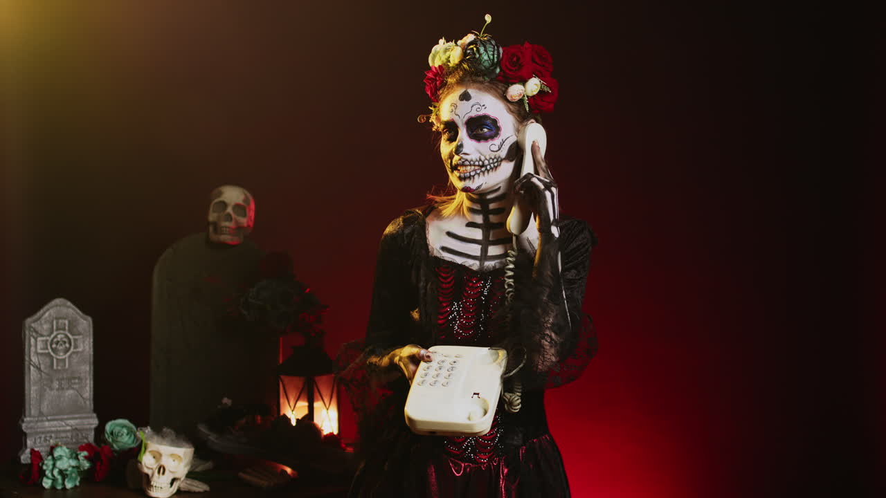 A woman in Day of the Dead makeup and costume