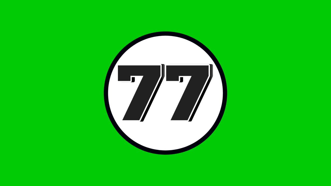 Number 77 symbol sign animation motion graphics cartoon black color on green screen background.numbers in white circle suitable for video elements