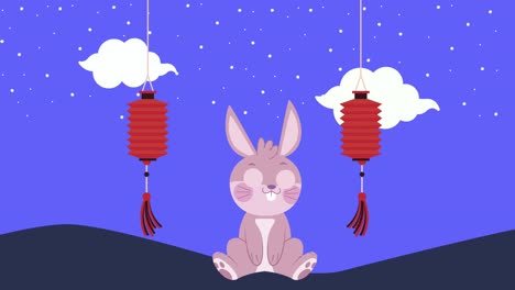 animación del festival de la luna feliz con conejo y lámparas colgando