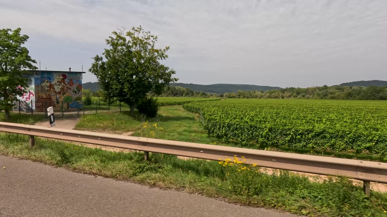 Car drives on rural highway past green fields, graffiti shelter, and blue road signs