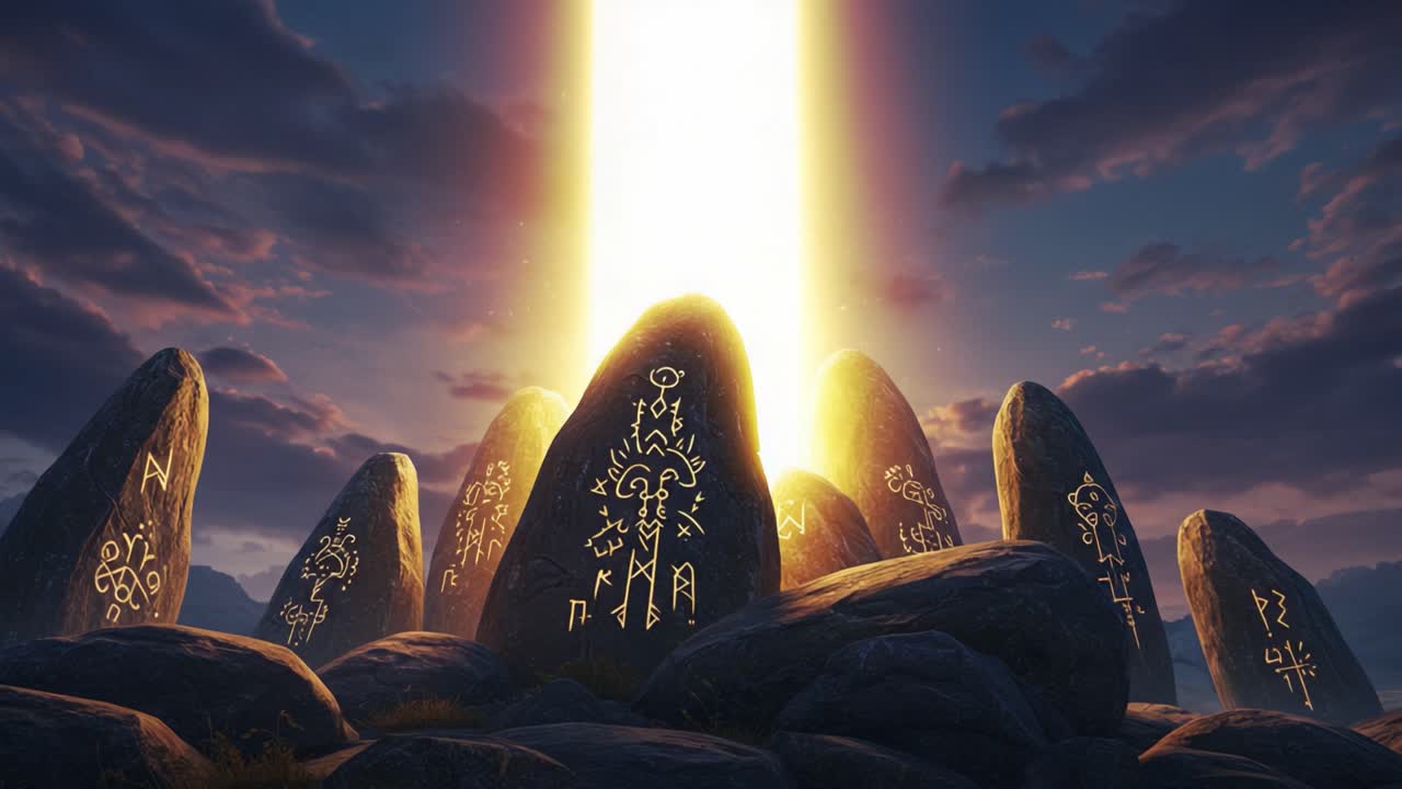 Mystical Stone Circle Illuminated by a Celestial Beam, Symbolizing Ancient Power and Connection to the Universe in a Fantasy Landscape