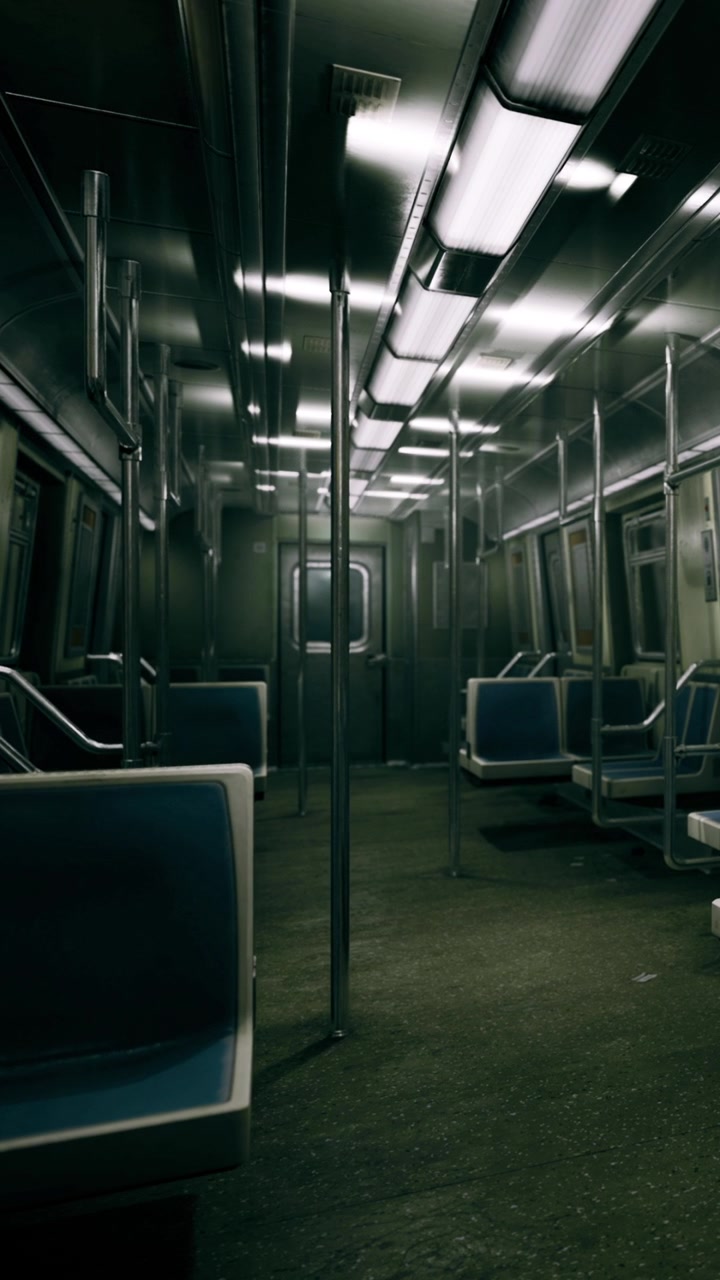 Vagone della metropolitana vuoto in una stazione sotterranea a tarda notte in città.