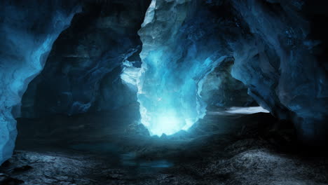 blue ice cave covered with snow and flooded with light