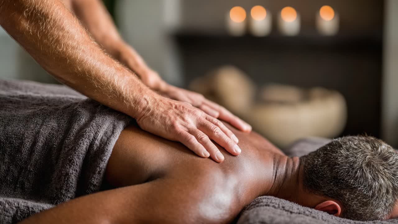 Relaxing Therapeutic Massage Session Focusing on the Back, Providing Relief and Rejuvenation in a Calm and Cozy Environment with Soft Lighting and Candles