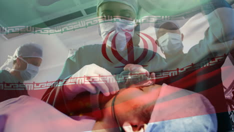 animation of flag of iran waving over surgeons in operating theatre