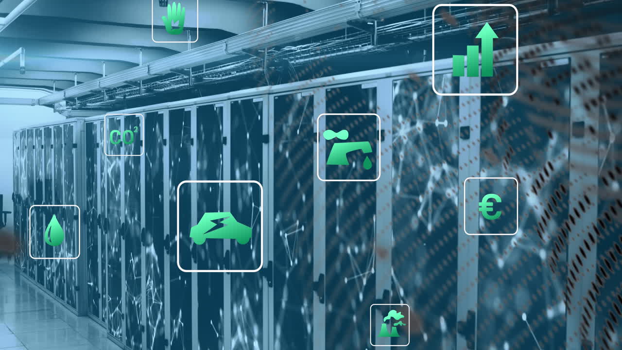 animación de iconos de tecnología verde y puntos conectados en racks de servidores de datos