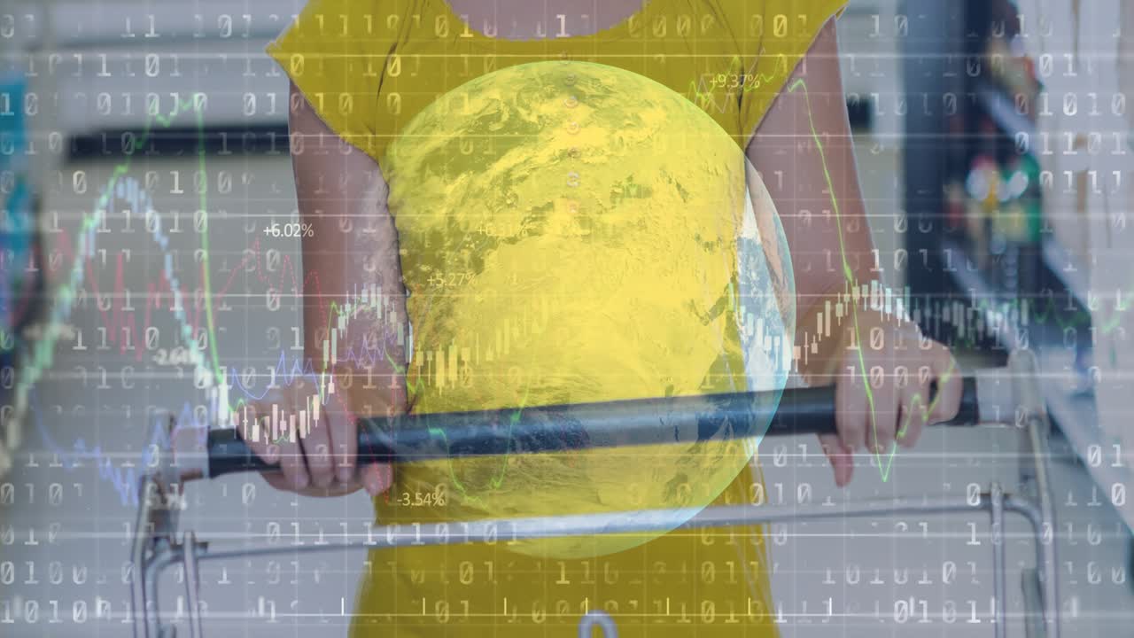 Woman pushing cart down aisle holding handle and starting globe binary finance chart showing spend