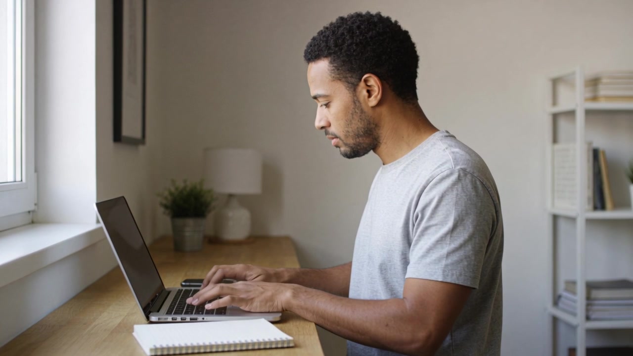 Reading laptop screen, man in light-gray tee typing at window counter for work with spiral notebook