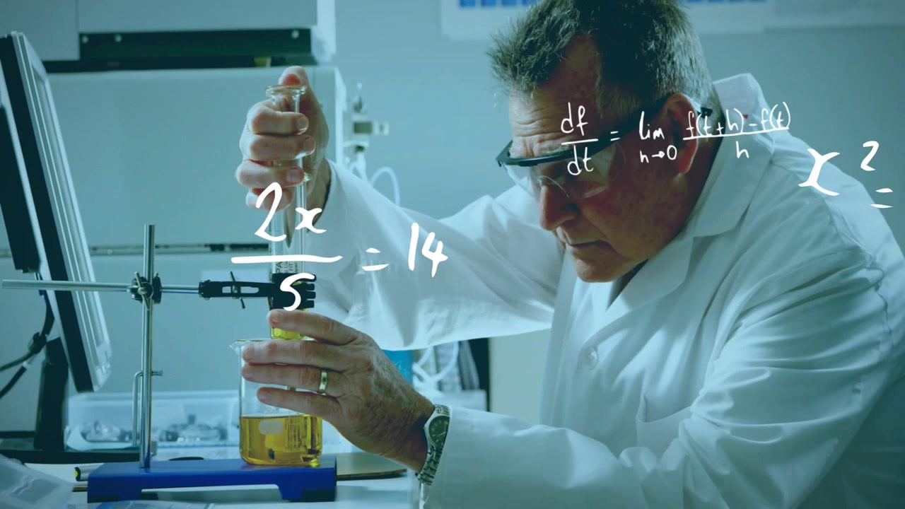 Holding pipette scientist in lab coat adjusting clamp, drawing yellow liquid at bench, typing data