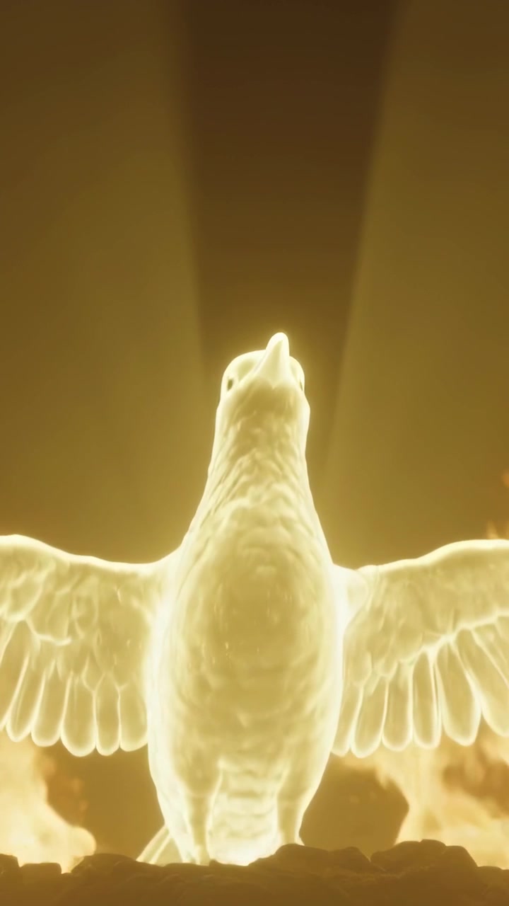 Vertical video: Rising glowing bird from ledge as glow casting beams and flames to reveal feathers