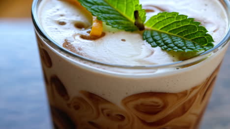 close-up of swirling iced coffee and detailed latte art
