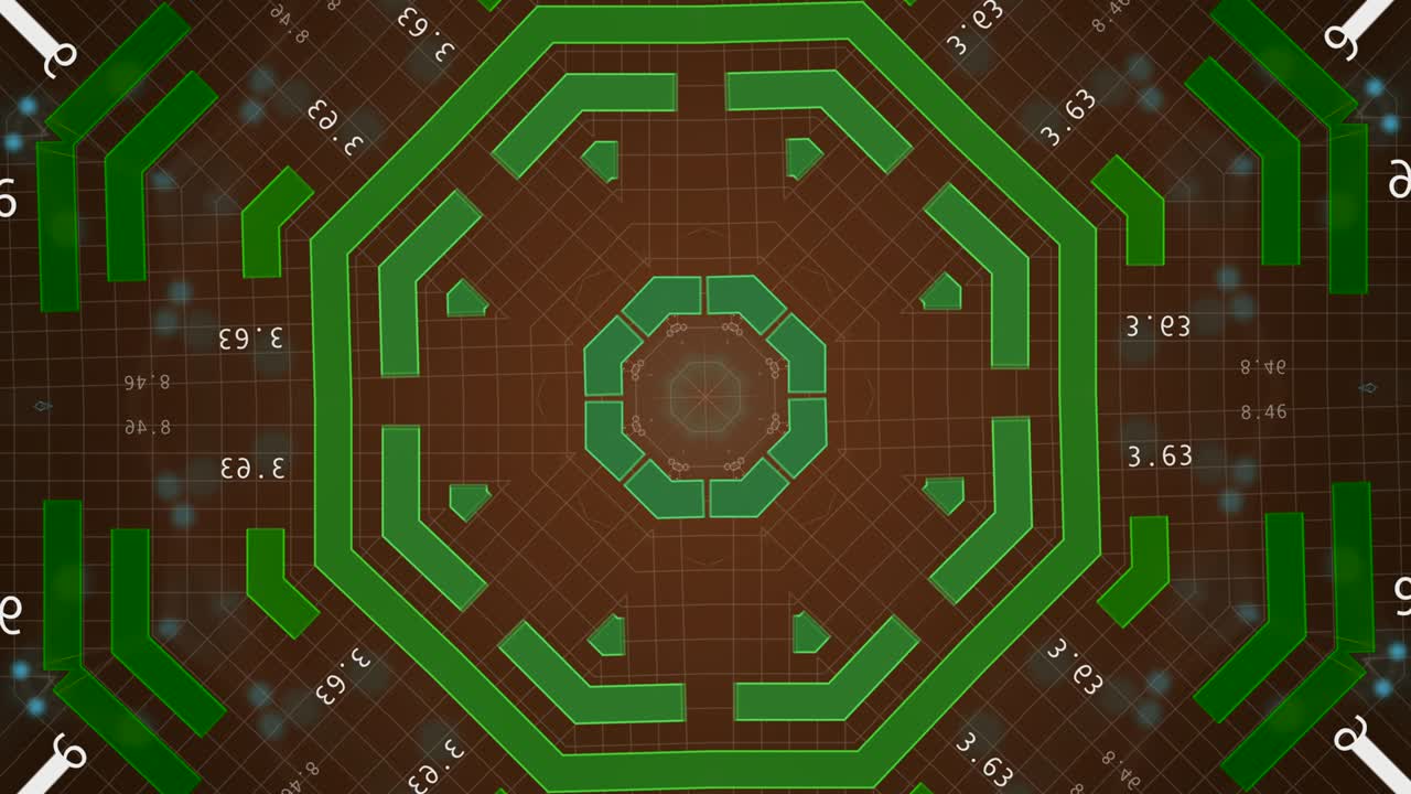 푸른 카레도스코프 패턴을 움직이는 시장 데이터와 함께 디지털 빨간 배경.