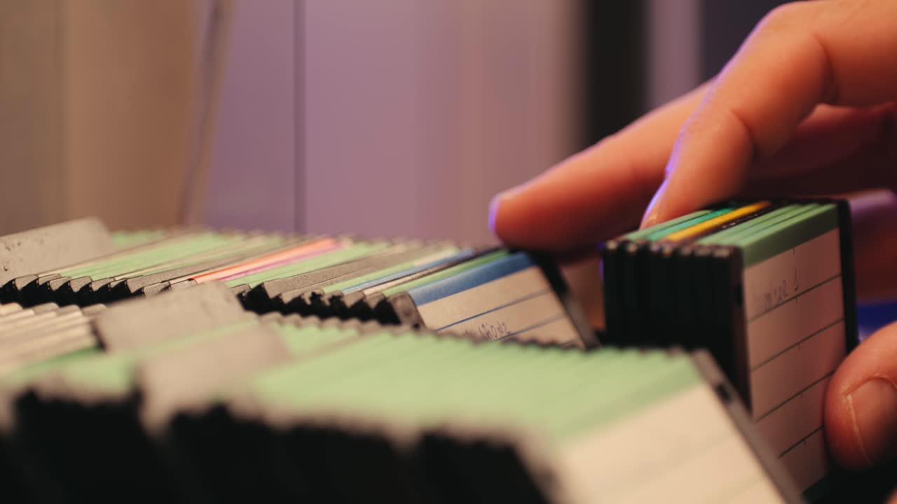 Using diskette for old computer. Music recorder, playing retro computer games. Vintage device for office, obsolete technology. . High quality 4k footage