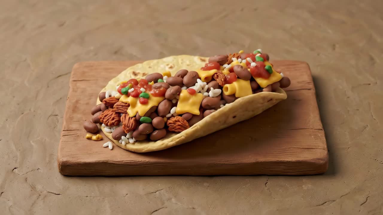 Burrito di argilla in stop-motion che si disfa su una tavola di legno