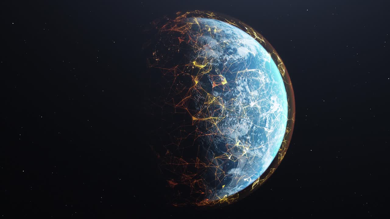 3D Render Planet Earth, Digital Communication, Tech, Satellite Trails, Connections, Connected Signals Trails, Center Frame, Slowly Rotating, Orbit