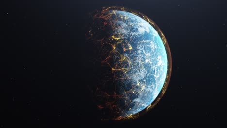 3d render planet earth, digital communication, tech, satellite trails, connections, connected signals trails, center frame, slowly rotating, orbit