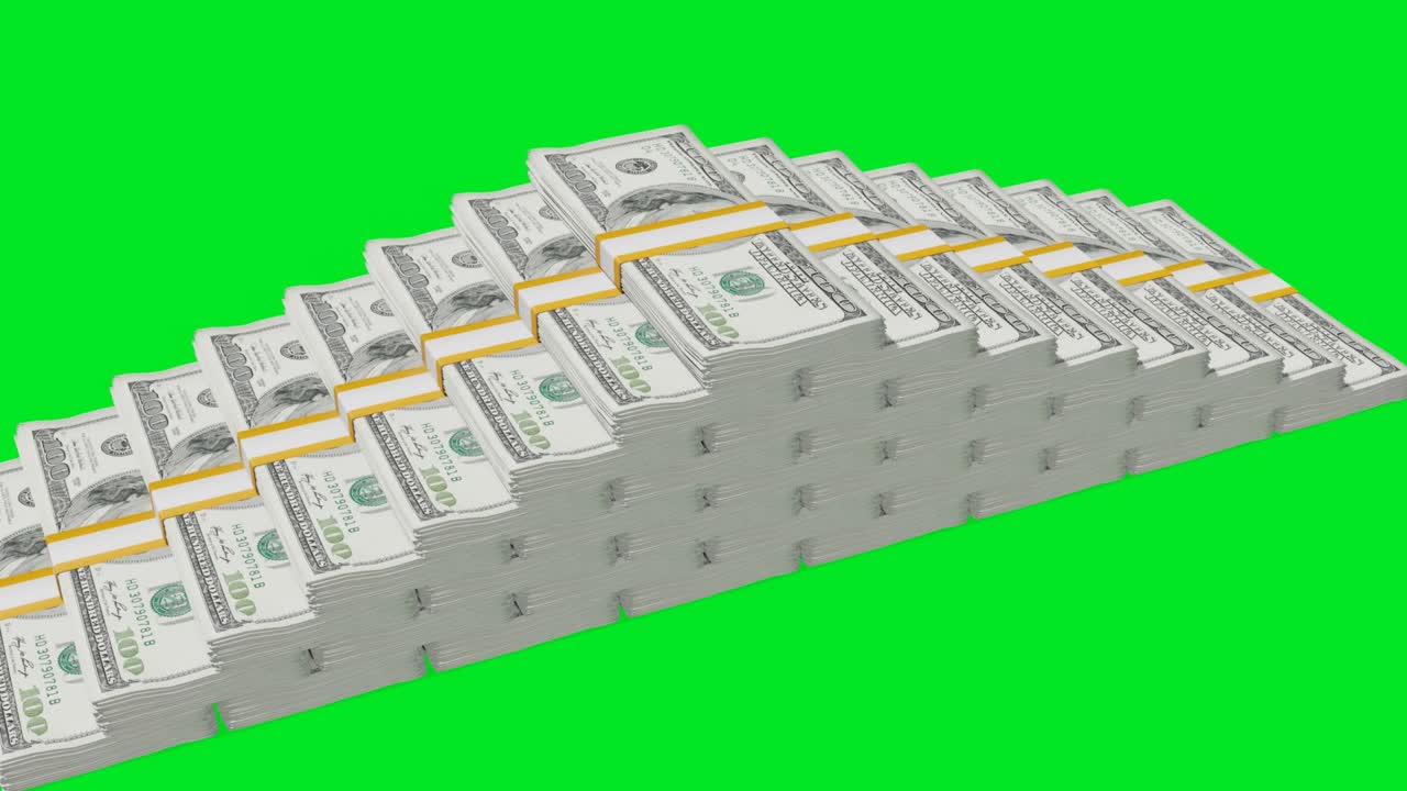 Many wads of money  on chromakey background. 100 US dollar banknotes. Stacks of money.