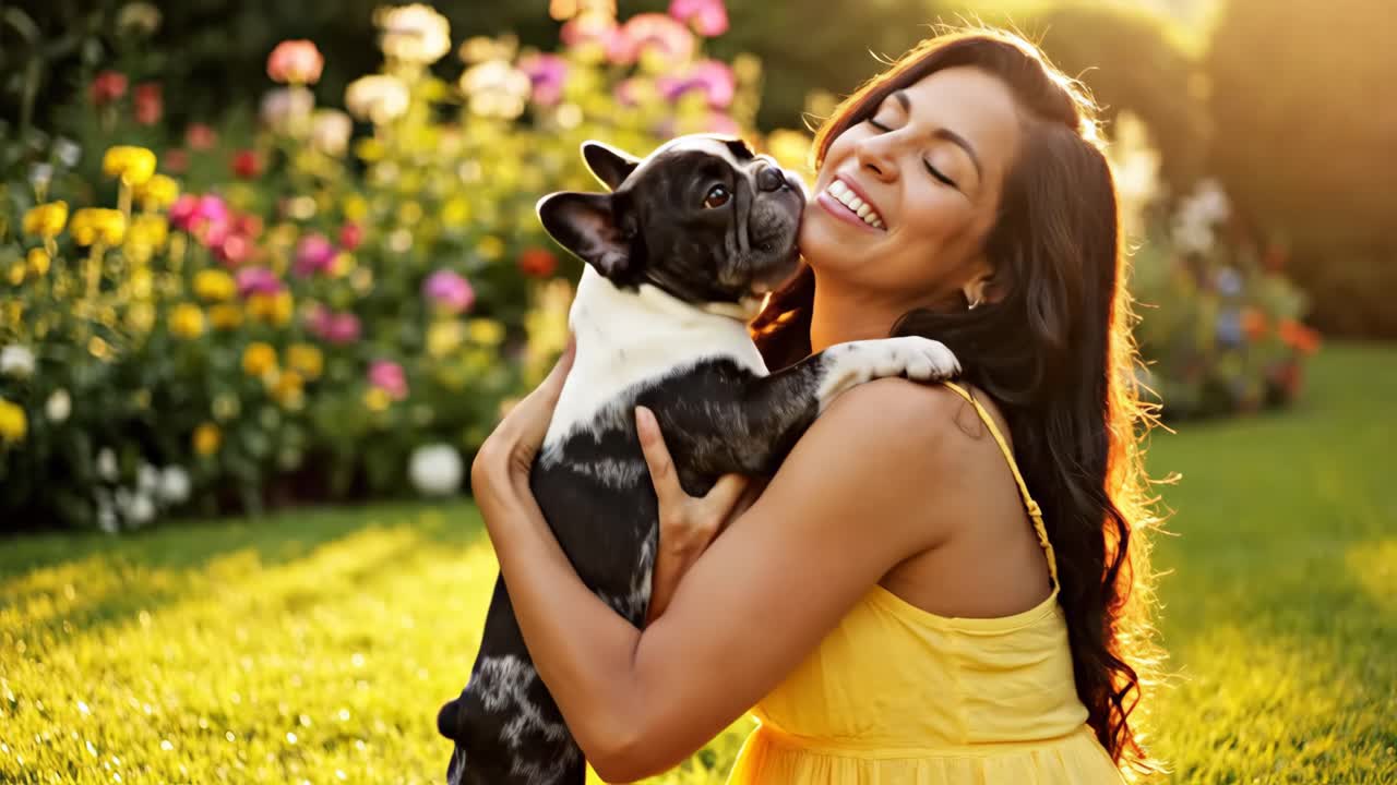 Mujer con su bulldog francés en un día soleado al aire libre