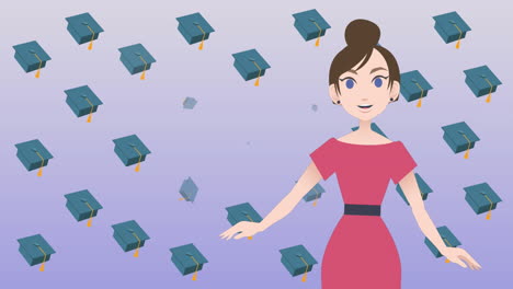 animation of woman talking over graduate caps icons