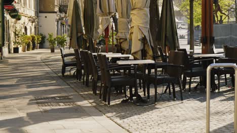 close up shot of empty tables and chairs in the bar, restaurant, ljubljana