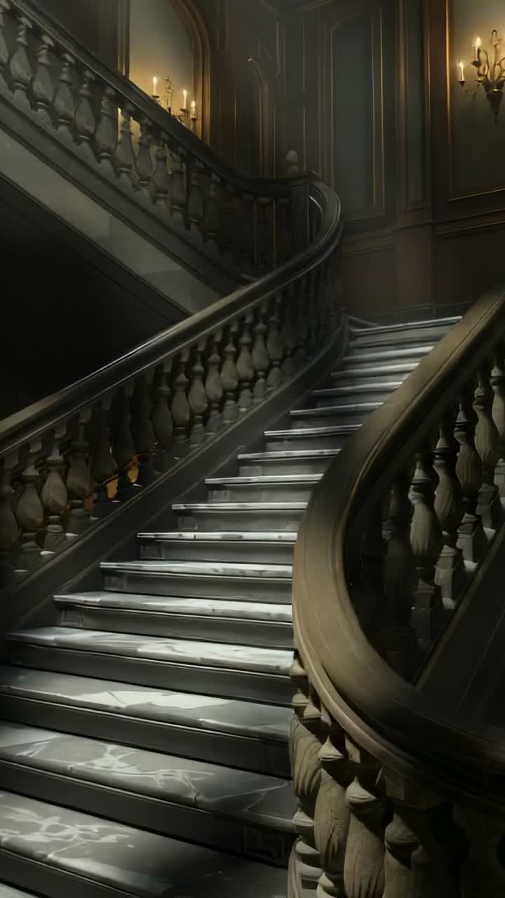 Vertical video: Starting low camera ascending staircase in manor hall, revealing carved banister