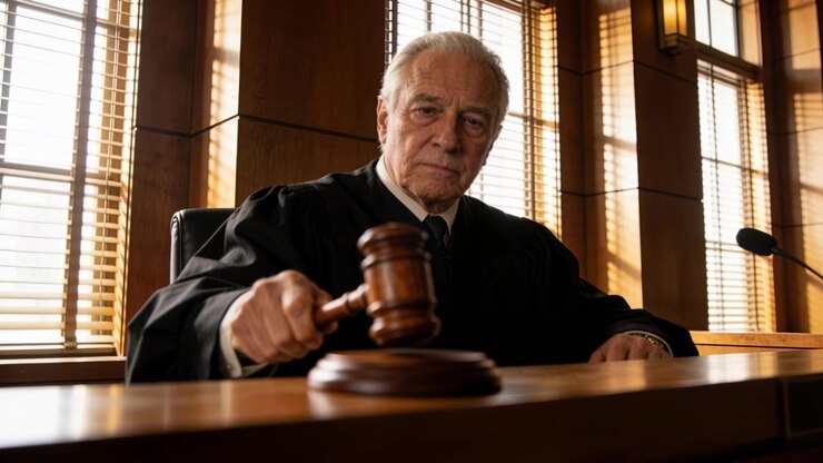 Giudice in toga e cravatta che, dopo aver emesso la sentenza, batte il martelletto di legno in aula di tribunale, colpendo il ceppo