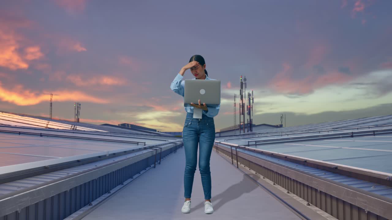 Figura intera di una donna asiatica con il suo laptop, mentre ispeziona i pannelli solari industriali sul tetto, annuisce con la testa con delusione.