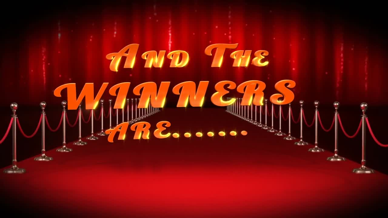 animación de y los ganadores son texto sobre alfombra roja lugar con formas caleidoscópicas rojas