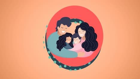 animation of happy family embracing on red background