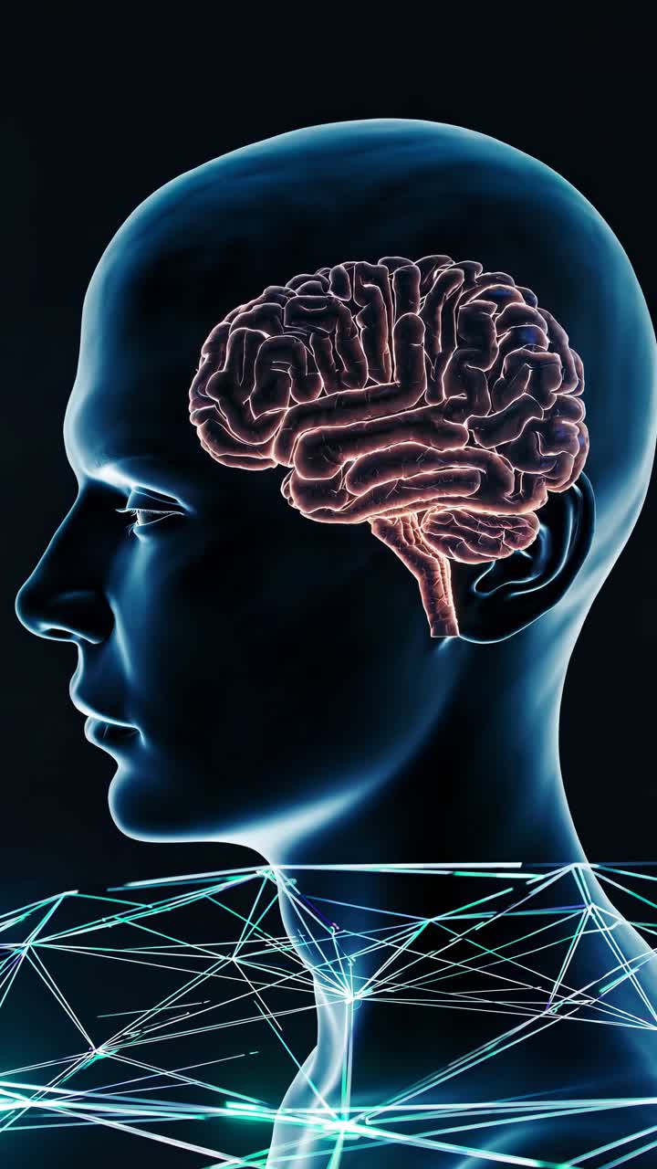 Concetto video futuristico di un cervello luminoso di profilo, che evidenzia le reti neurali