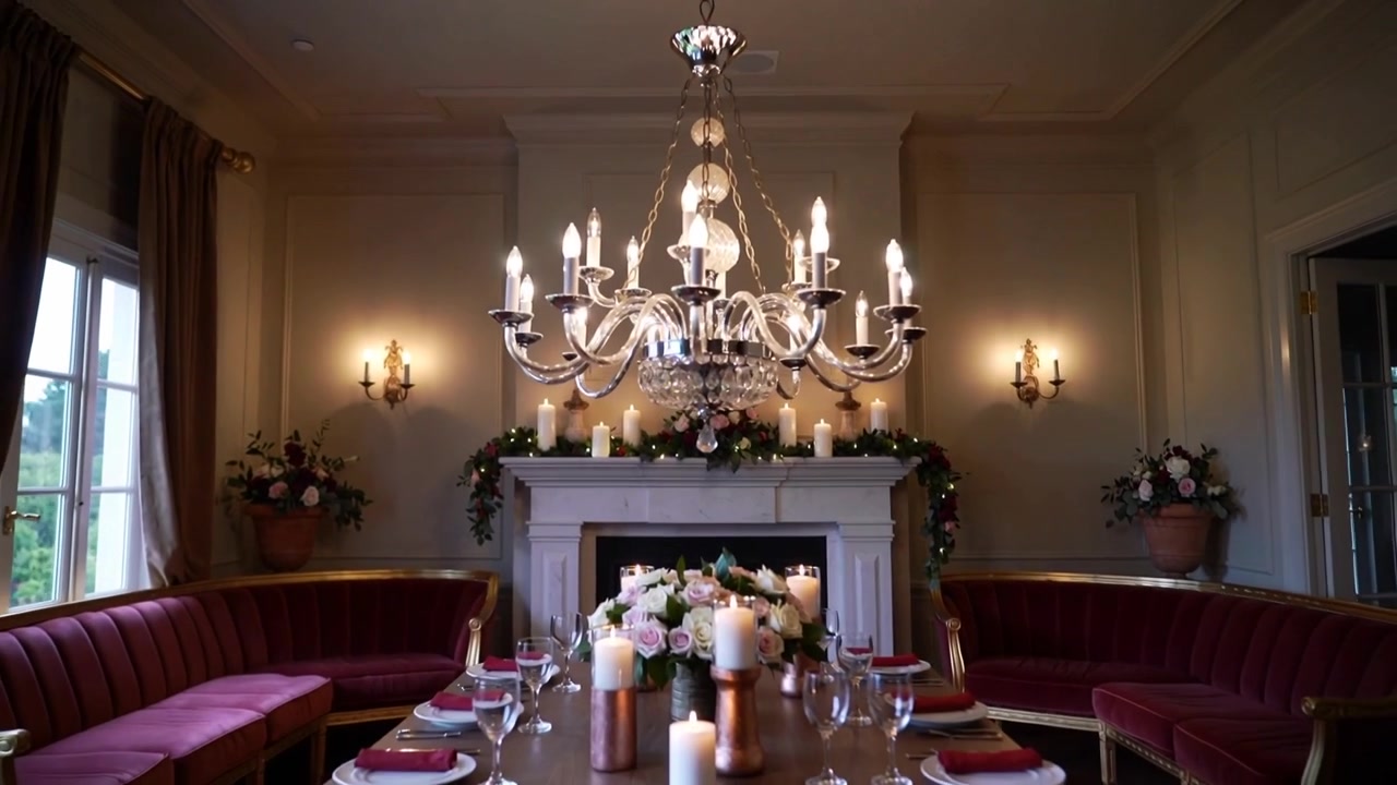 Câmera recuando, revelando lustre na sala de jantar para mostrar mesa com flores e velas acesas