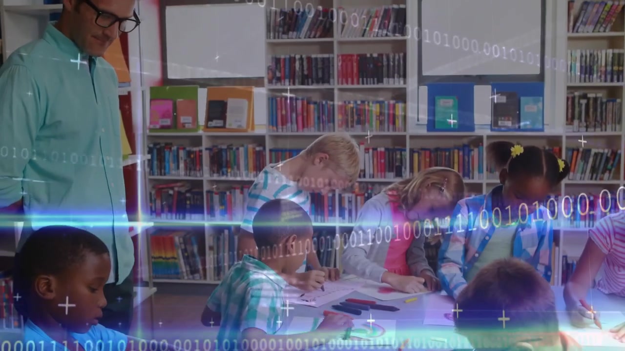 Children drawing rainbows for learning art, teacher guiding camera panning starting binary overlay