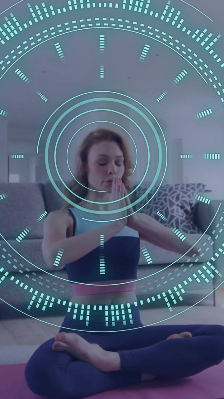 Animation of data processing over caucasian woman exercising, recording fitness vlog